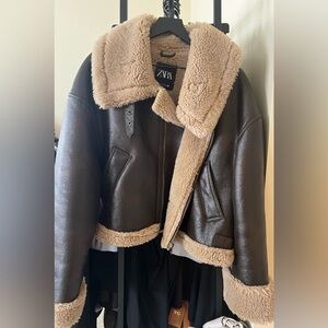 Zara Dark Brown Short Double Faced Jacket with Faux Shearling